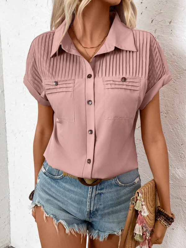 Lapel Shoulder Pleated Pocket Short Sleeve Top ShirtT-shirt Women - Image 10