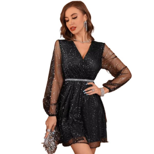 Sequined Long Sleeve Mesh V-neck Dress - Image 3