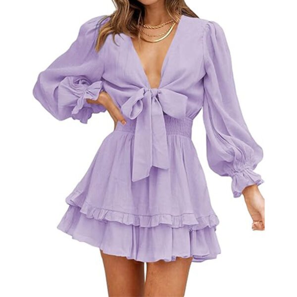 V-neck Ruffled Slimming Long Sleeves Short A- Line Dress - Image 4