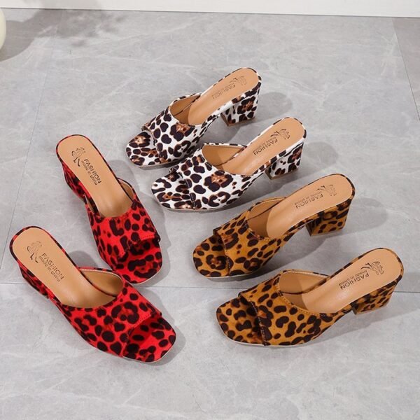 Leopard Square Toe Sandals Summer High-heeled Slippers Chunky Heel Shoes For Women - Image 9