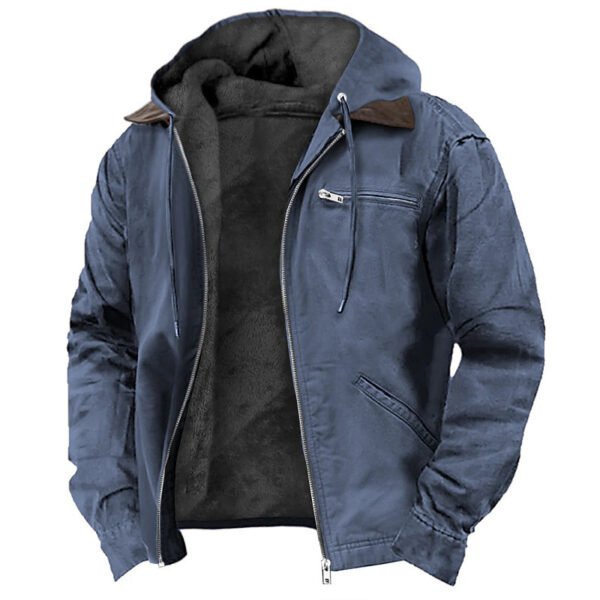 Solid Color Hooded Casual Men's Fleece Zipper Pocket Jacket Coat - Image 4