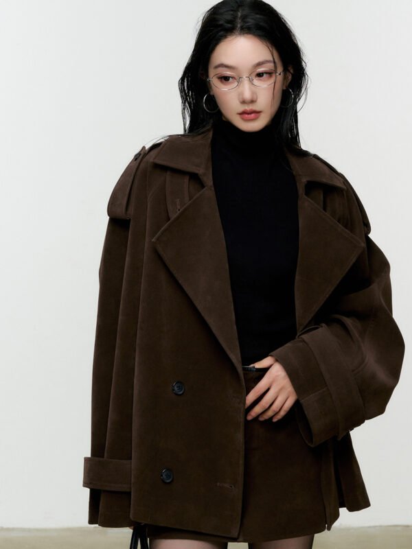 Suede Lapel Trench Coat Skirt Suit - Image 6