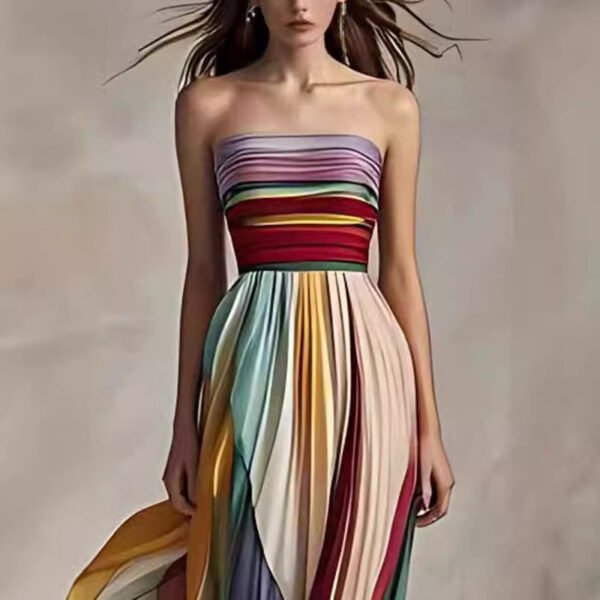 Women's Sexy Tube Top Backless Printed Color Swing Maxi Dress - Image 3