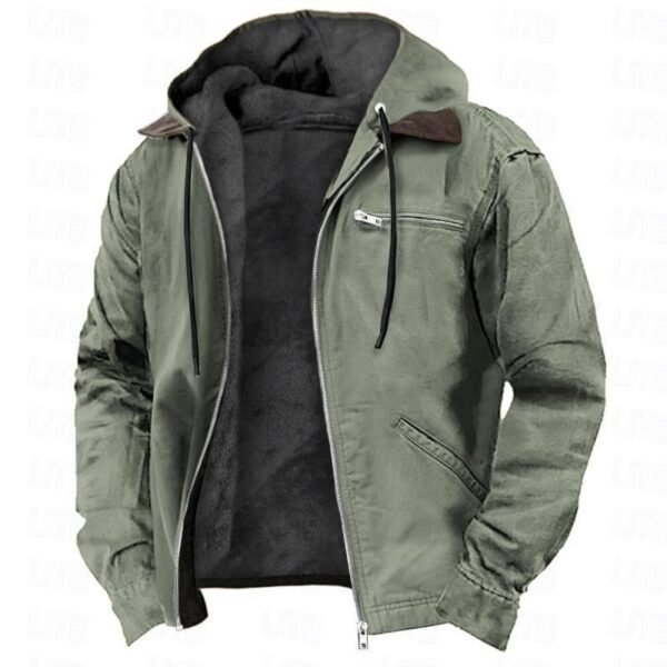 Solid Color Hooded Casual Men's Fleece Zipper Pocket Jacket Coat - Image 3