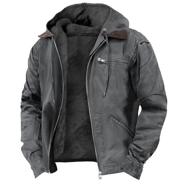 Solid Color Hooded Casual Men's Fleece Zipper Pocket Jacket Coat - Image 6