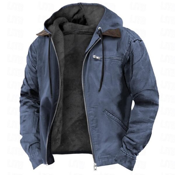 Solid Color Hooded Casual Men's Fleece Zipper Pocket Jacket Coat - Image 2