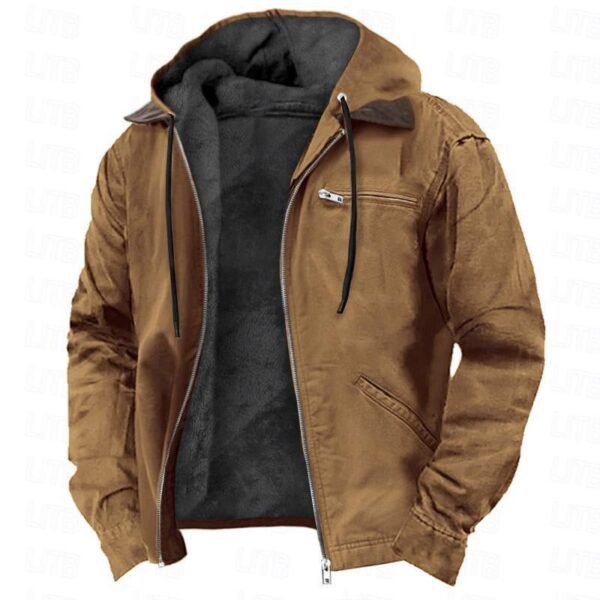 Solid Color Hooded Casual Men's Fleece Zipper Pocket Jacket Coat - Image 5