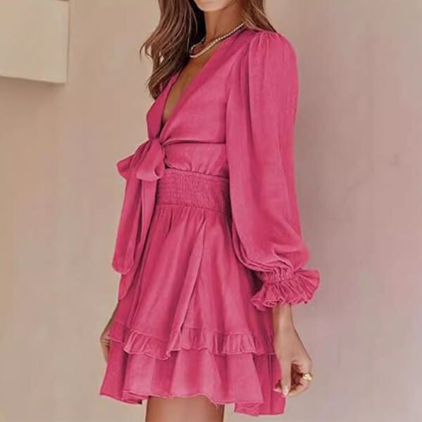 V-neck Ruffled Slimming Long Sleeves Short A- Line Dress - Image 8