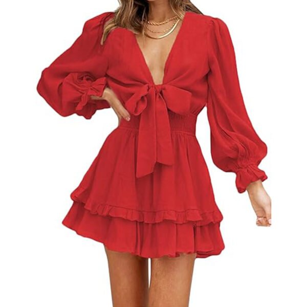 V-neck Ruffled Slimming Long Sleeves Short A- Line Dress - Image 6