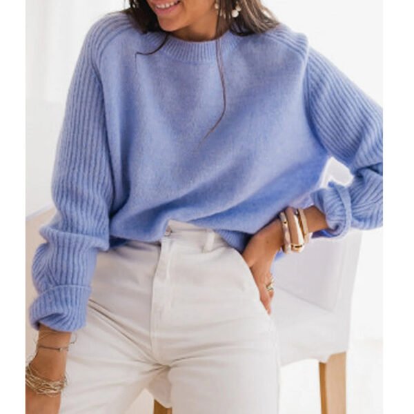 European Milk Blue Bedford Cord Sweater Women's Round-collar Long-sleeve Knitwear Casual Women's Clothing Fashion Knit Top Outerwear - Image 3