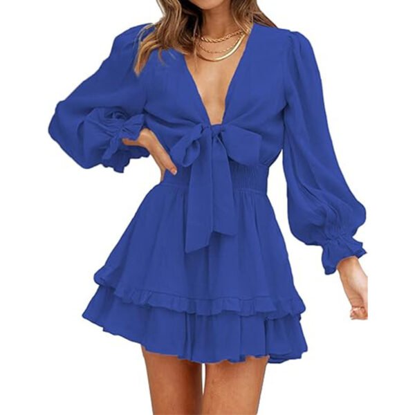 V-neck Ruffled Slimming Long Sleeves Short A- Line Dress - Image 9