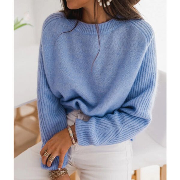 European Milk Blue Bedford Cord Sweater Women's Round-collar Long-sleeve Knitwear Casual Women's Clothing Fashion Knit Top Outerwear - Image 2