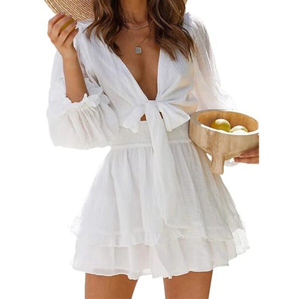 V-neck Ruffled Slimming Long Sleeves Short A- Line Dress - Image 7